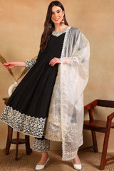 Black Silk Blend Embroidered Anarkali Suit Set