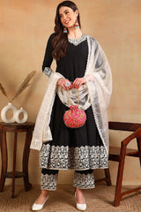 Black Silk Blend Embroidered Anarkali Suit Set