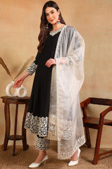 Black Silk Blend Embroidered Anarkali Suit Set