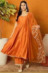 Orange Silk Blend Solid Embroidered Flared Suit Set