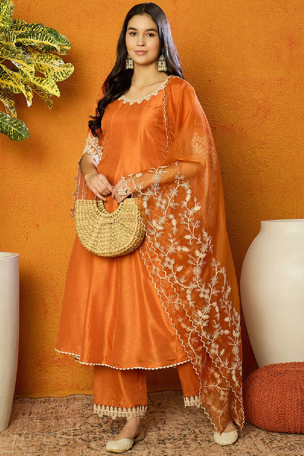 Orange Silk Blend Solid Embroidered Flared Suit Set