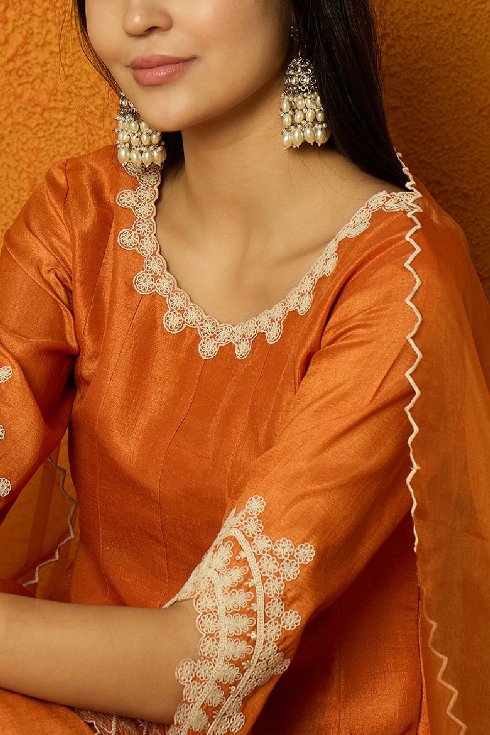 Orange Silk Blend Solid Embroidered Flared Suit Set