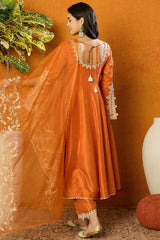 Orange Silk Blend Solid Embroidered Flared Suit Set