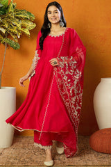 Fuchsia Silk Blend Solid Embroidered Flared Suit Set