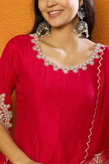 Fuchsia Silk Blend Solid Embroidered Flared Suit Set