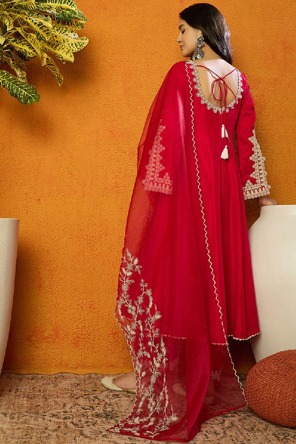 Fuchsia Silk Blend Solid Embroidered Flared Suit Set