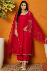 Fuchsia Silk Blend Solid Embroidered Flared Suit Set