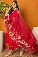 Fuchsia Silk Blend Solid Embroidered Flared Suit Set