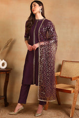 Purple Silk Blend Embroidered Straight Suit Set