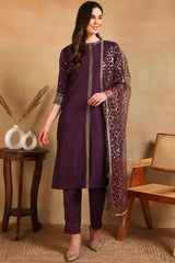 Purple Silk Blend Embroidered Straight Suit Set