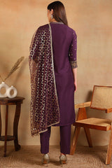 Purple Silk Blend Embroidered Straight Suit Set