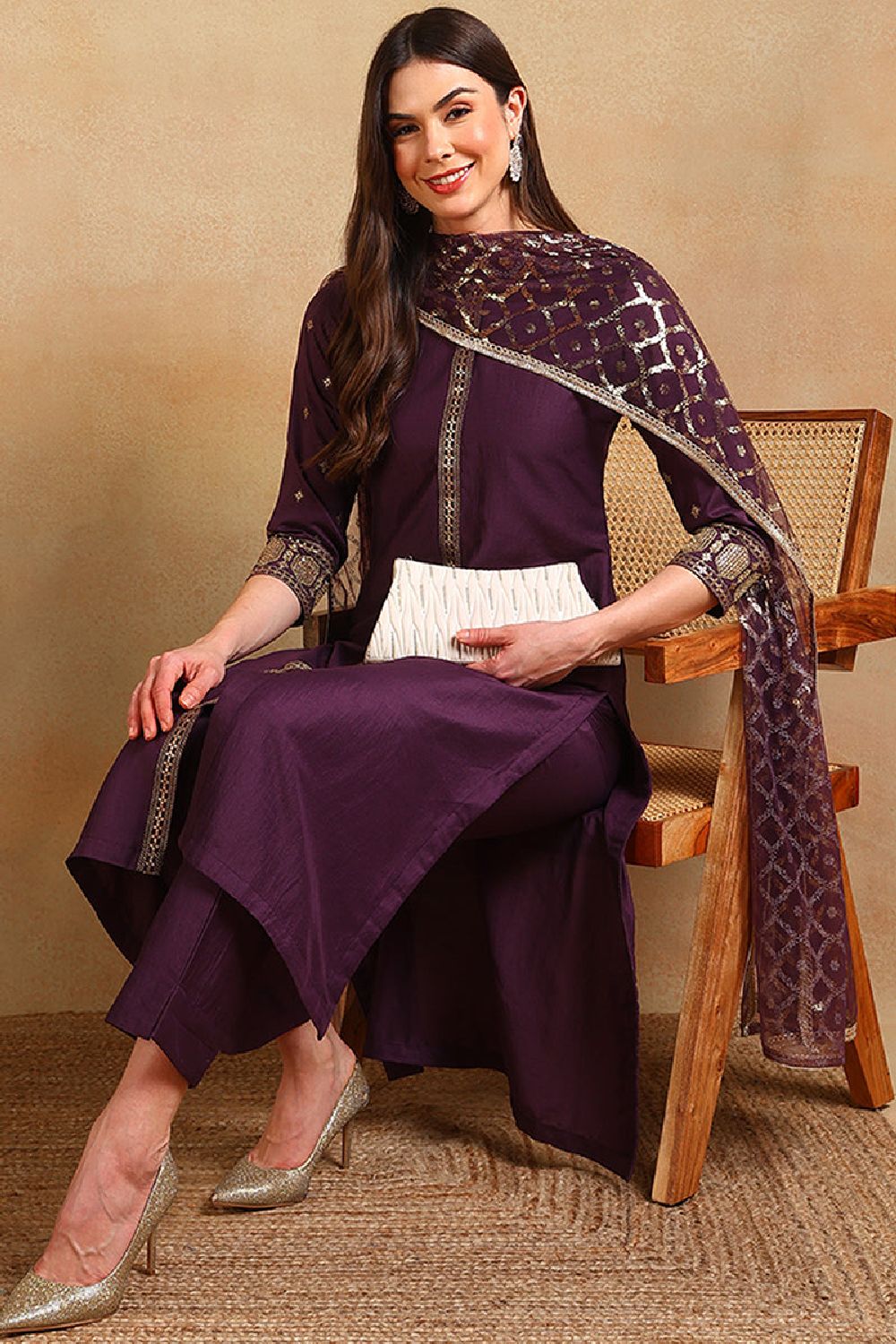 Purple Silk Blend Embroidered Straight Suit Set