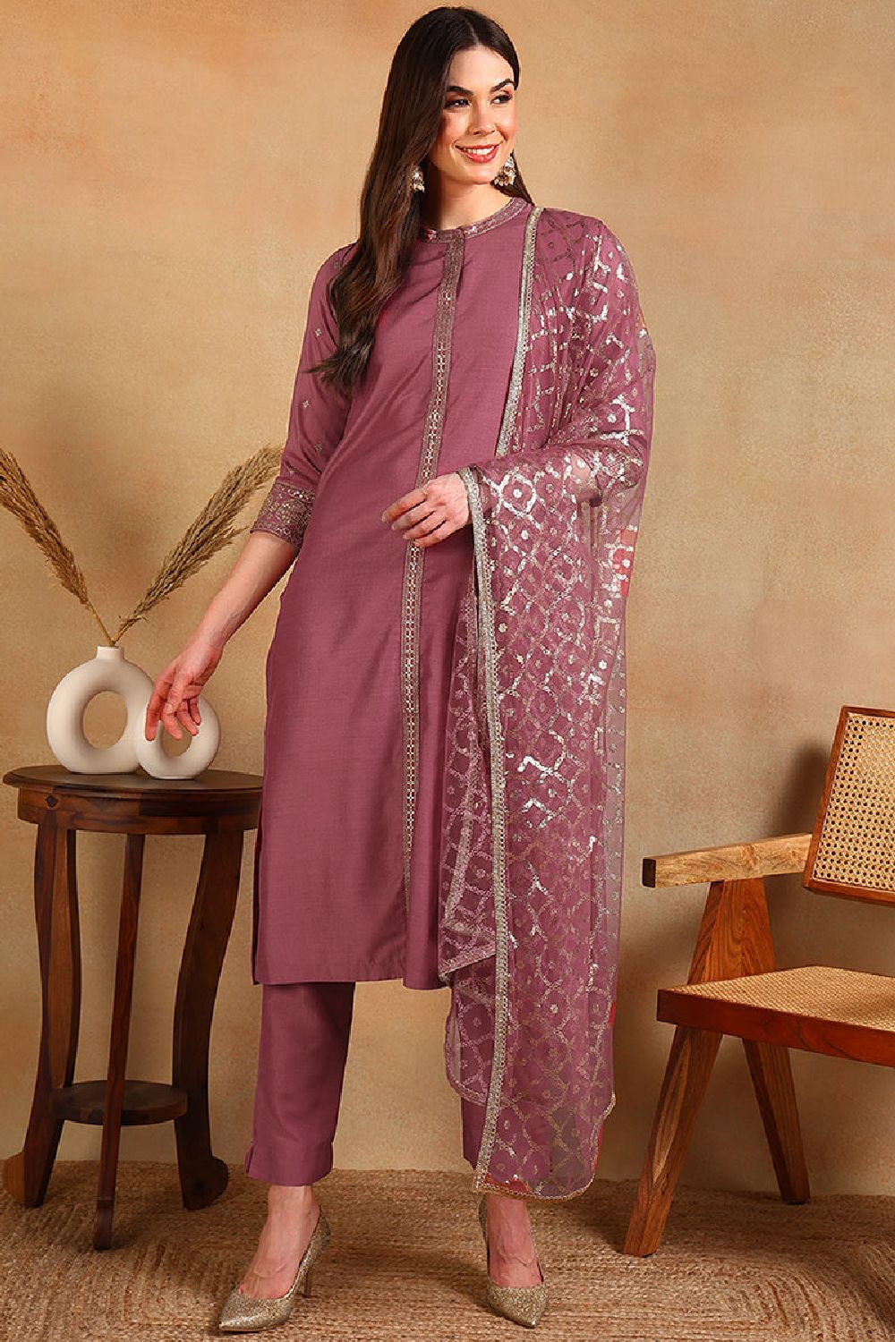 Pink Silk Blend Embroidered Straight Suit Set