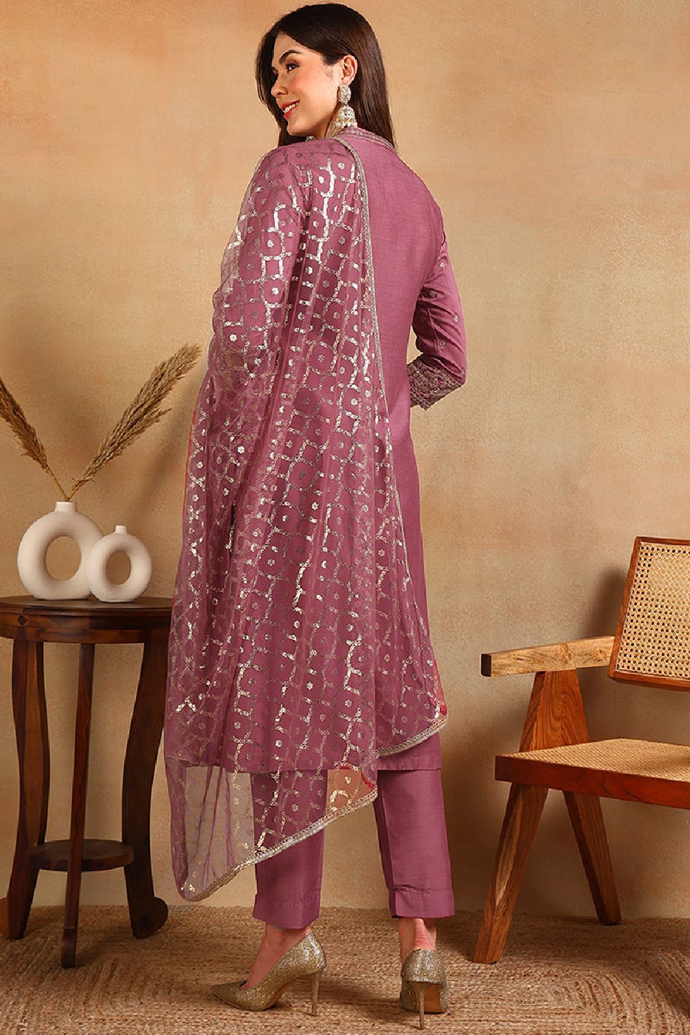 Pink Silk Blend Embroidered Straight Suit Set