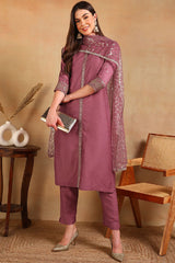 Pink Silk Blend Embroidered Straight Suit Set