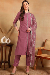 Pink Silk Blend Embroidered Straight Suit Set