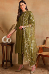 Olive Silk Blend Embroidered Straight Suit Set