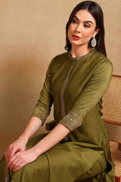 Olive Silk Blend Embroidered Straight Suit Set