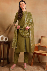 Olive Silk Blend Embroidered Straight Suit Set