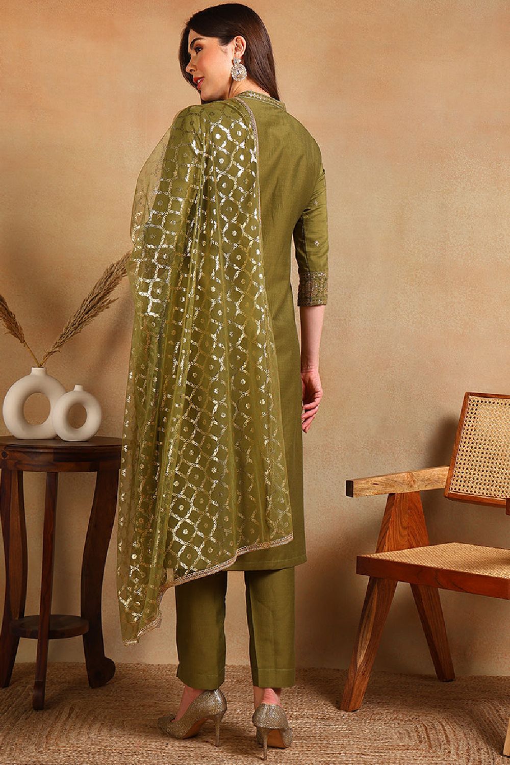 Olive Silk Blend Embroidered Straight Suit Set