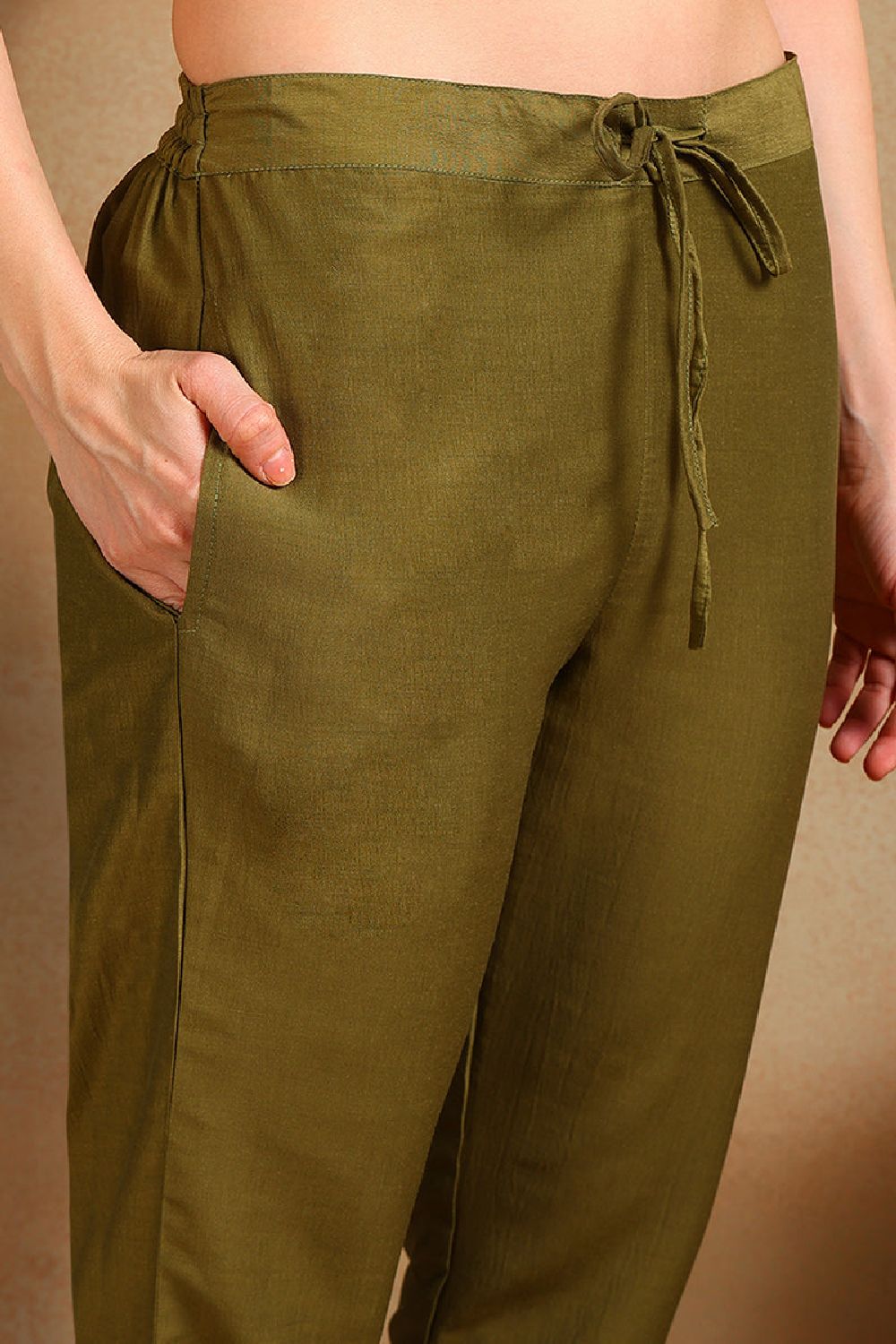 Olive Silk Blend Embroidered Straight Suit Set