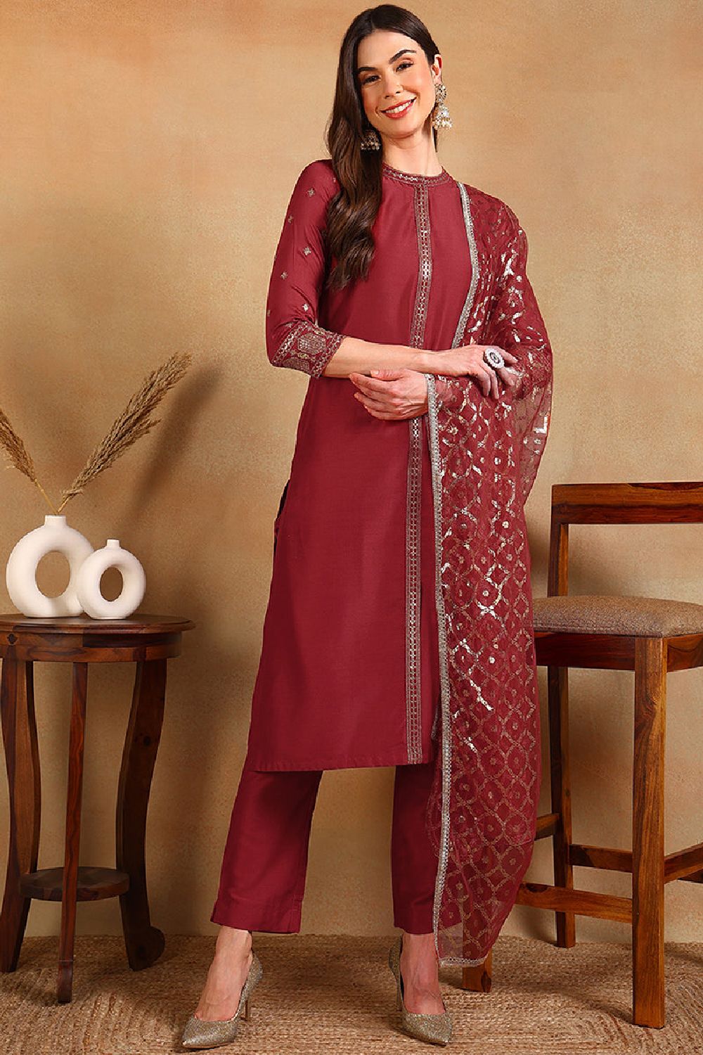 Red Silk Blend Embroidered Straight Suit Set