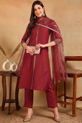 Red Silk Blend Embroidered Straight Suit Set