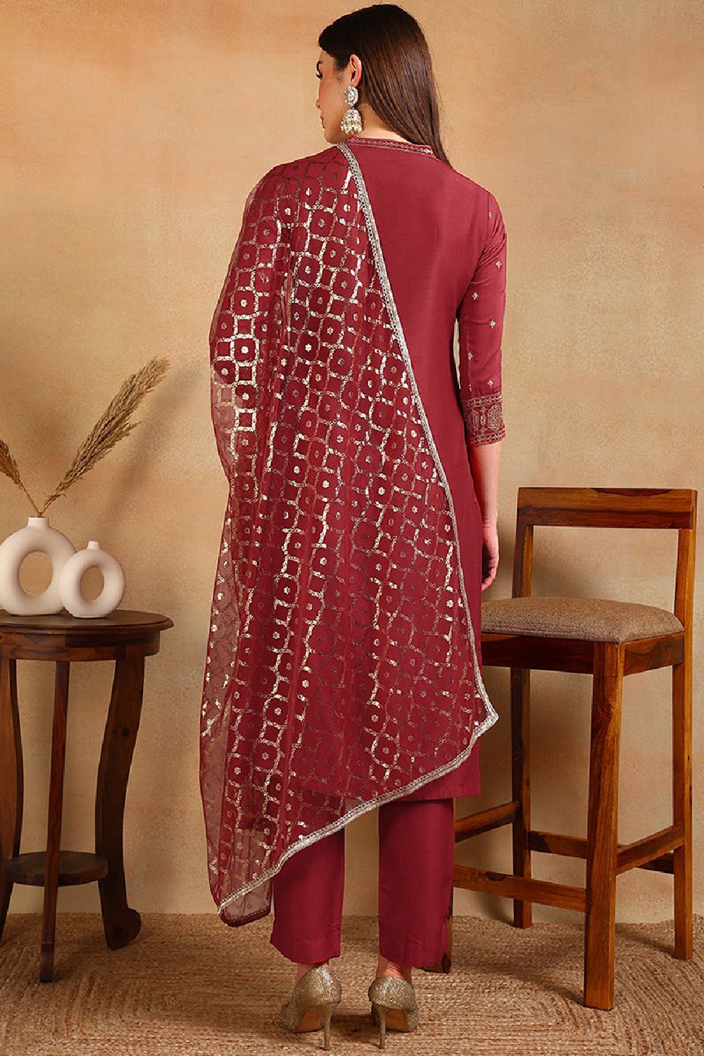 Red Silk Blend Embroidered Straight Suit Set