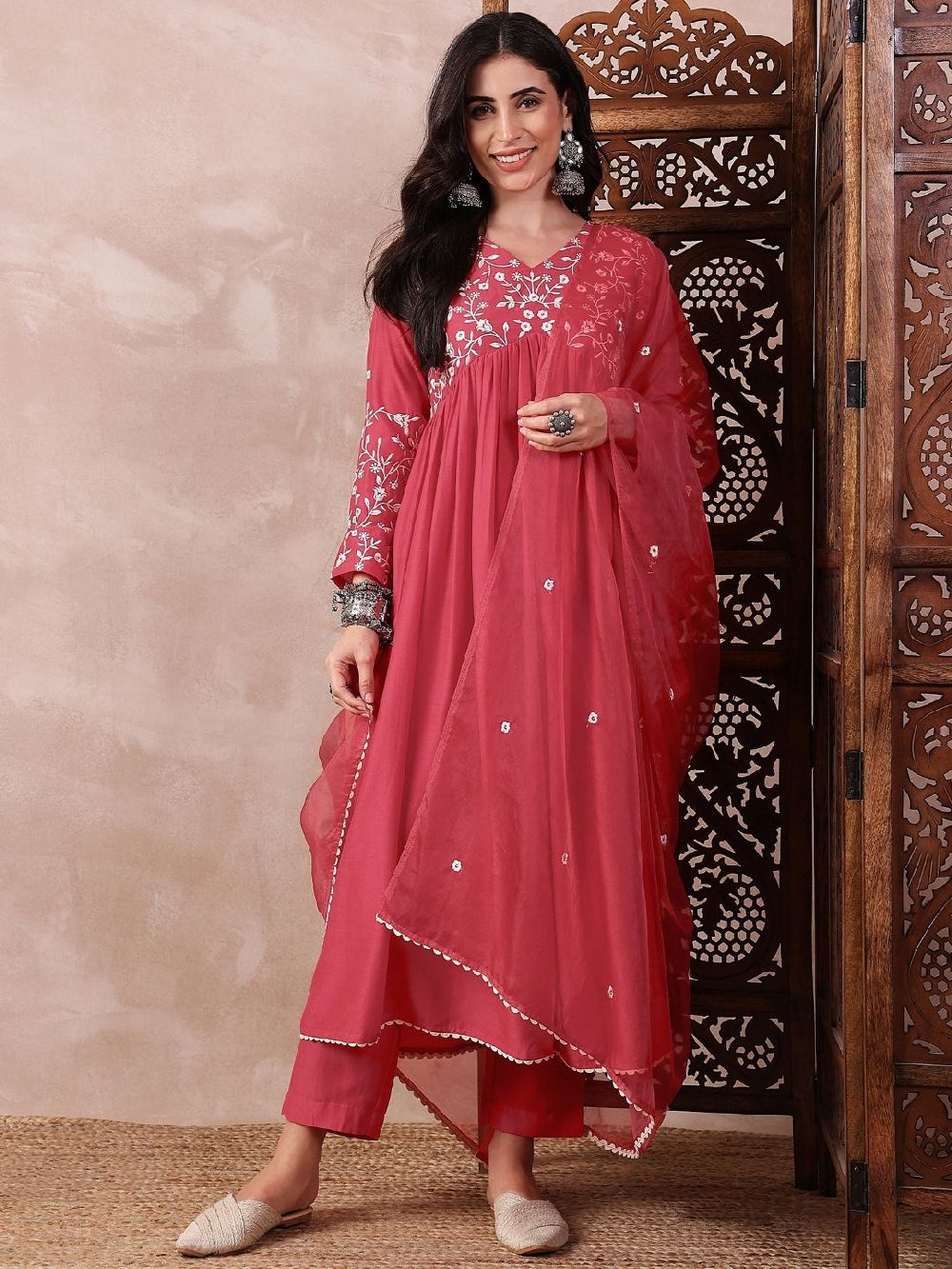 Red Cotton Blend Solid Embroidered A-Line Kurta Trouser With Dupatta