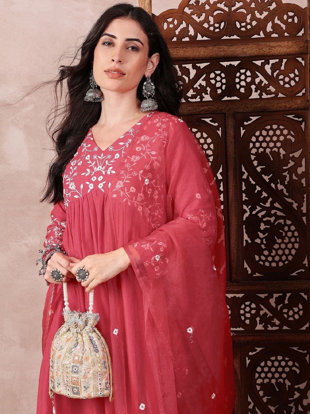 Red Cotton Blend Solid Embroidered A-Line Kurta Trouser With Dupatta