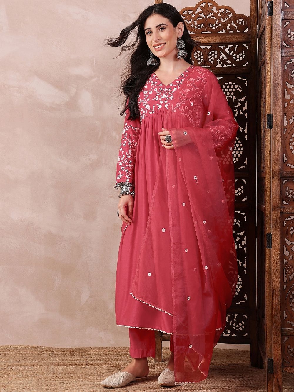 Red Cotton Blend Solid Embroidered A-Line Kurta Trouser With Dupatta