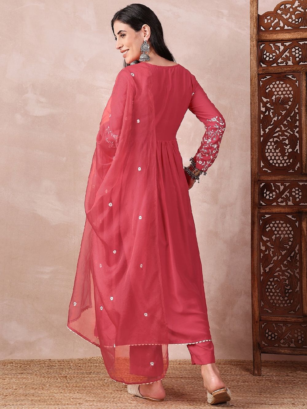 Red Cotton Blend Solid Embroidered A-Line Kurta Trouser With Dupatta