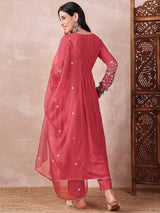 Red Cotton Blend Solid Embroidered A-Line Kurta Trouser With Dupatta