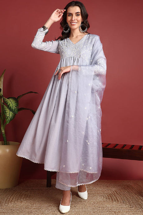 Grey Cotton Blend Solid Embroidered A Line Suit Set