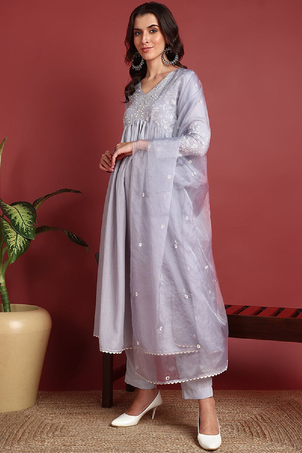 Grey Cotton Blend Solid Embroidered A Line Suit Set