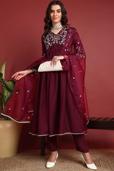 Burgundy Cotton Blend Solid Embroidered A Line Suit Set