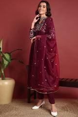 Burgundy Cotton Blend Solid Embroidered A Line Suit Set