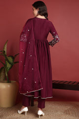 Burgundy Cotton Blend Solid Embroidered A Line Suit Set