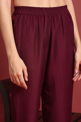 Burgundy Cotton Blend Solid Embroidered A Line Suit Set