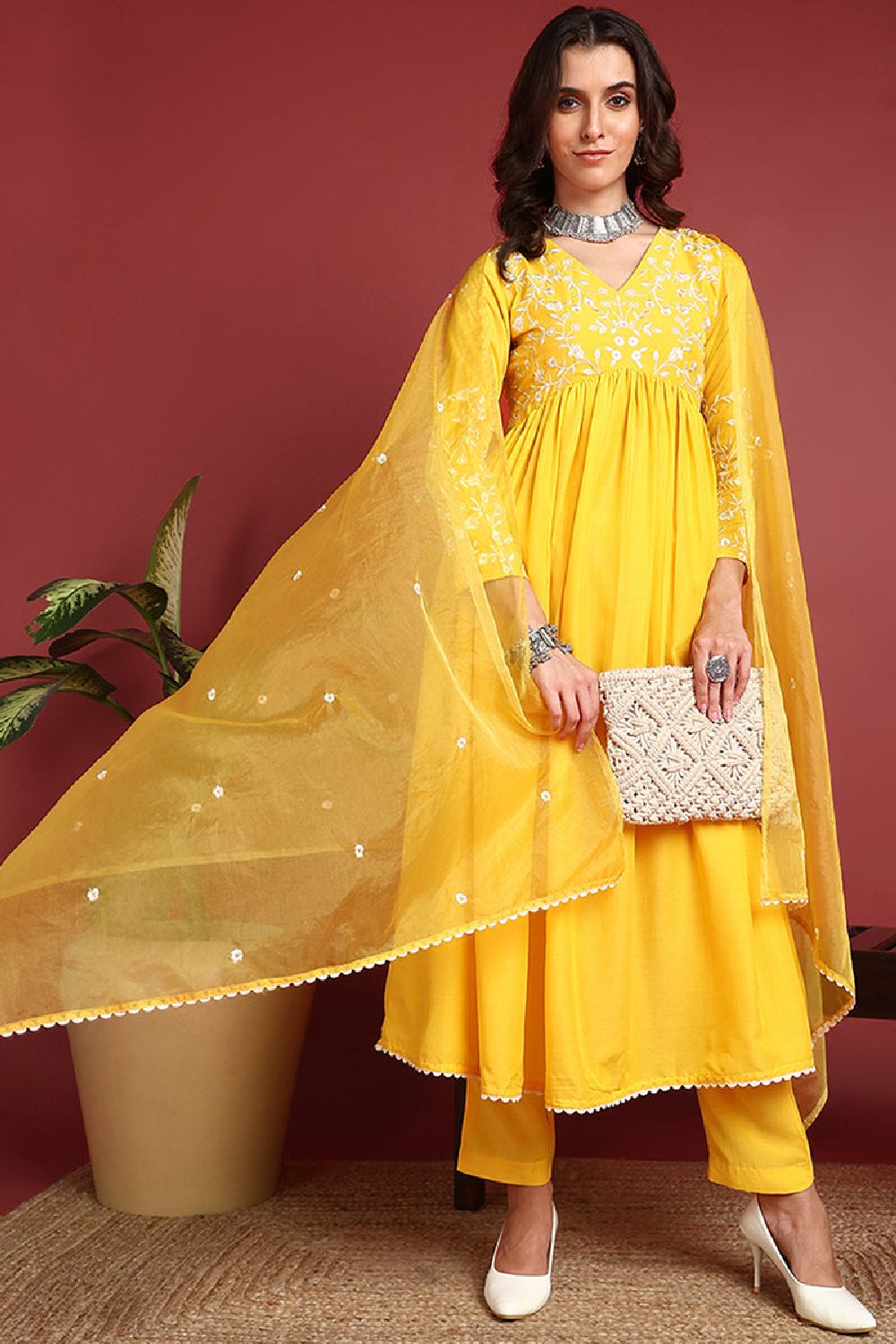 Yellow Cotton Blend Solid Embroidered A Line Suit Set