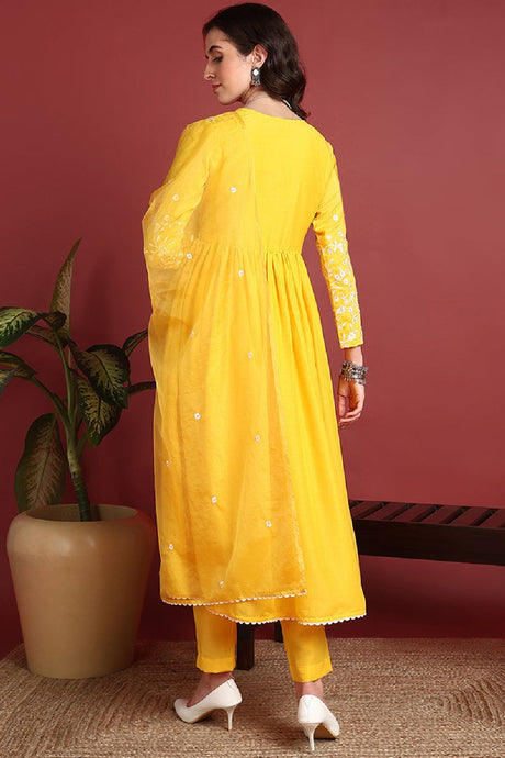 Yellow Cotton Blend Solid Embroidered A Line Suit Set