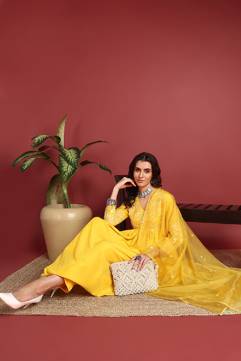 Yellow Cotton Blend Solid Embroidered A Line Suit Set