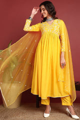 Yellow Cotton Blend Solid Embroidered A Line Suit Set