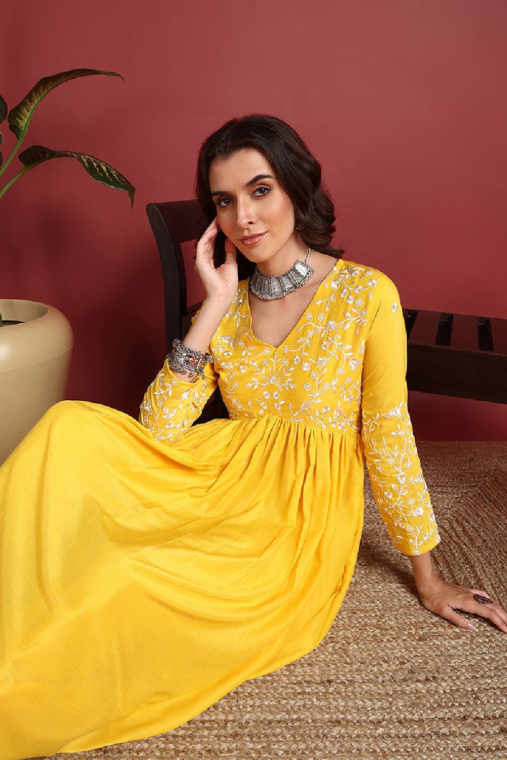 Yellow Cotton Blend Solid Embroidered A Line Suit Set