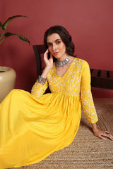 Yellow Cotton Blend Solid Embroidered A Line Suit Set