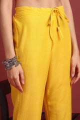 Yellow Cotton Blend Solid Embroidered A Line Suit Set