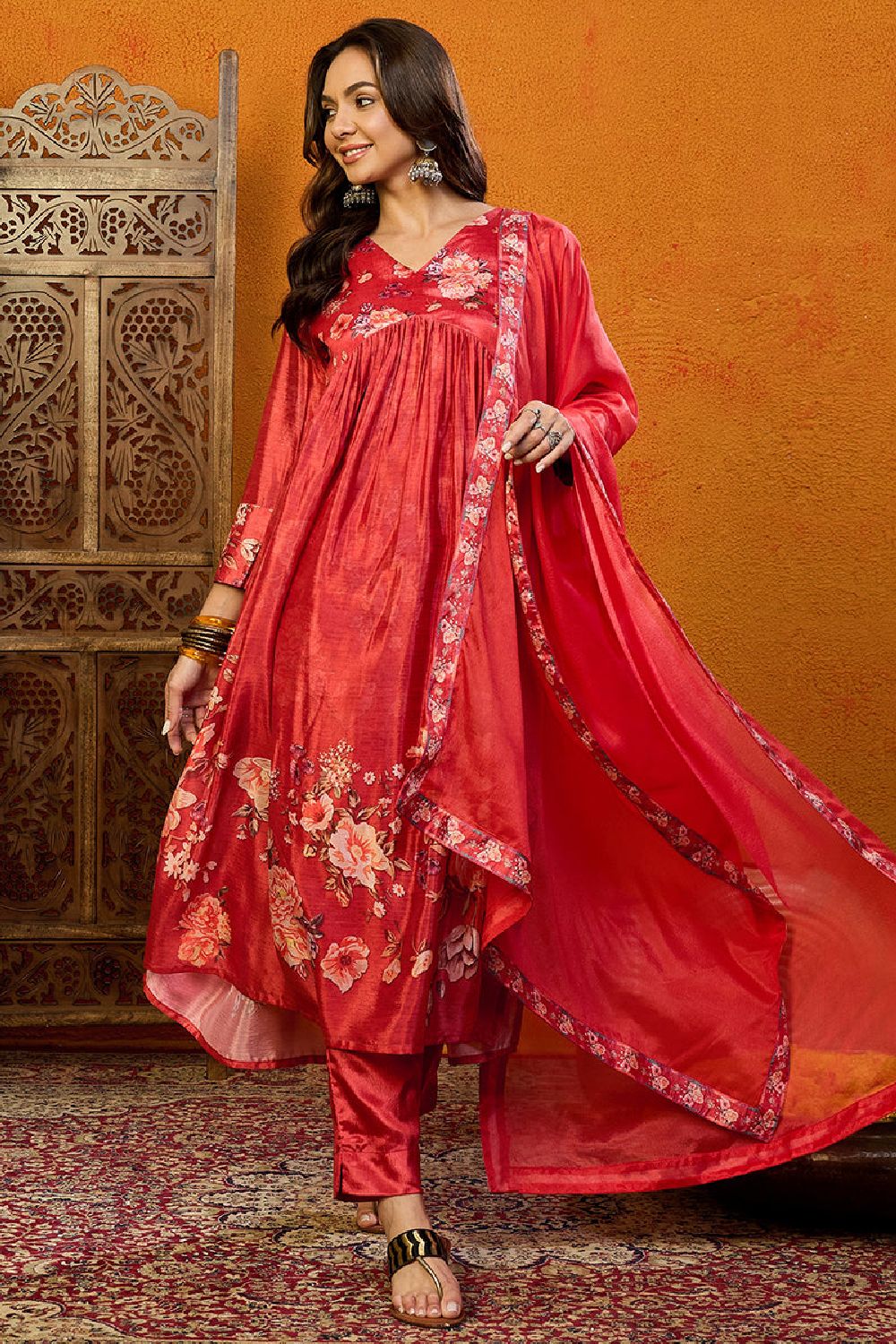 Red Silk Blend Floral Printed A Line Suit Set