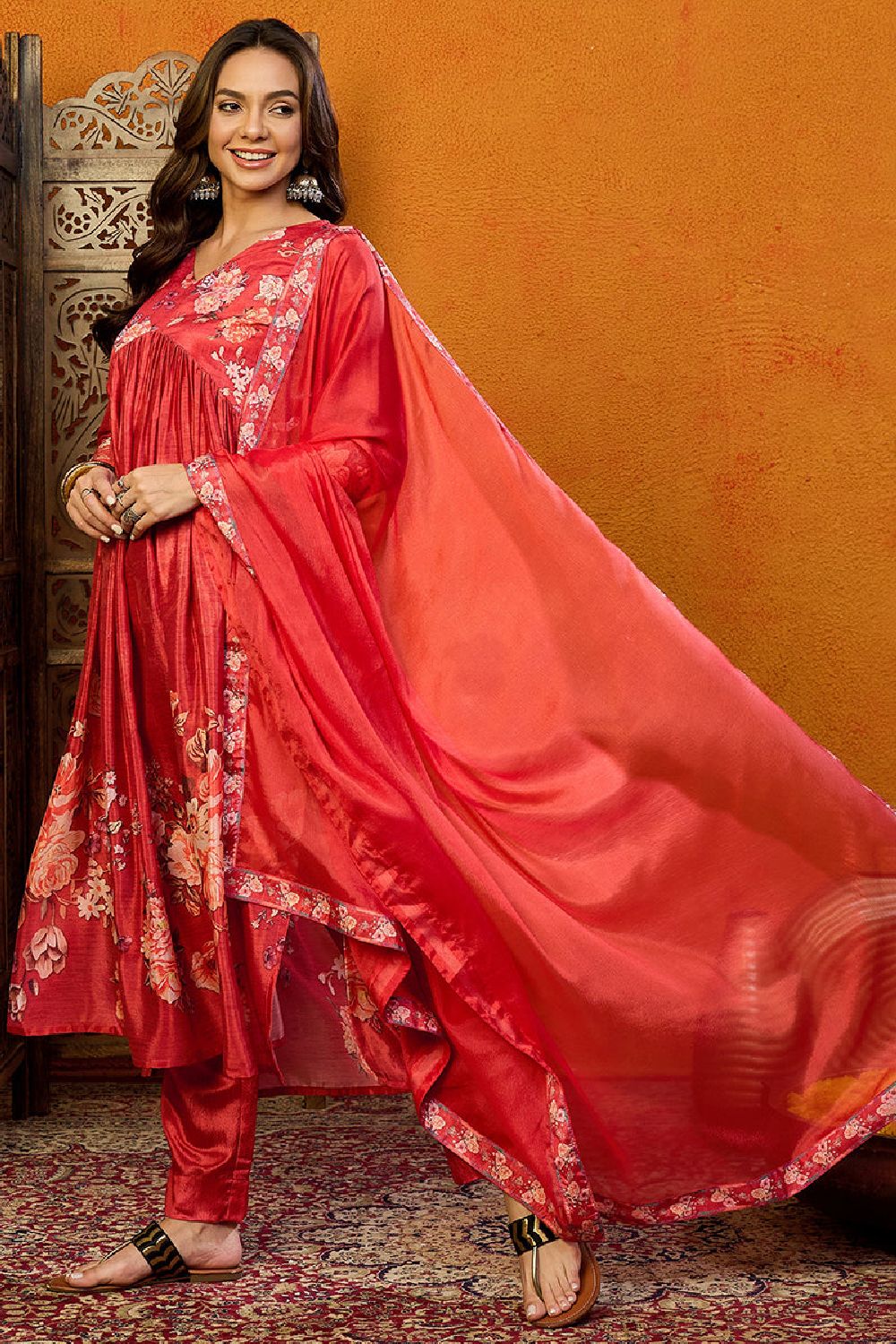 Red Silk Blend Floral Printed A Line Suit Set