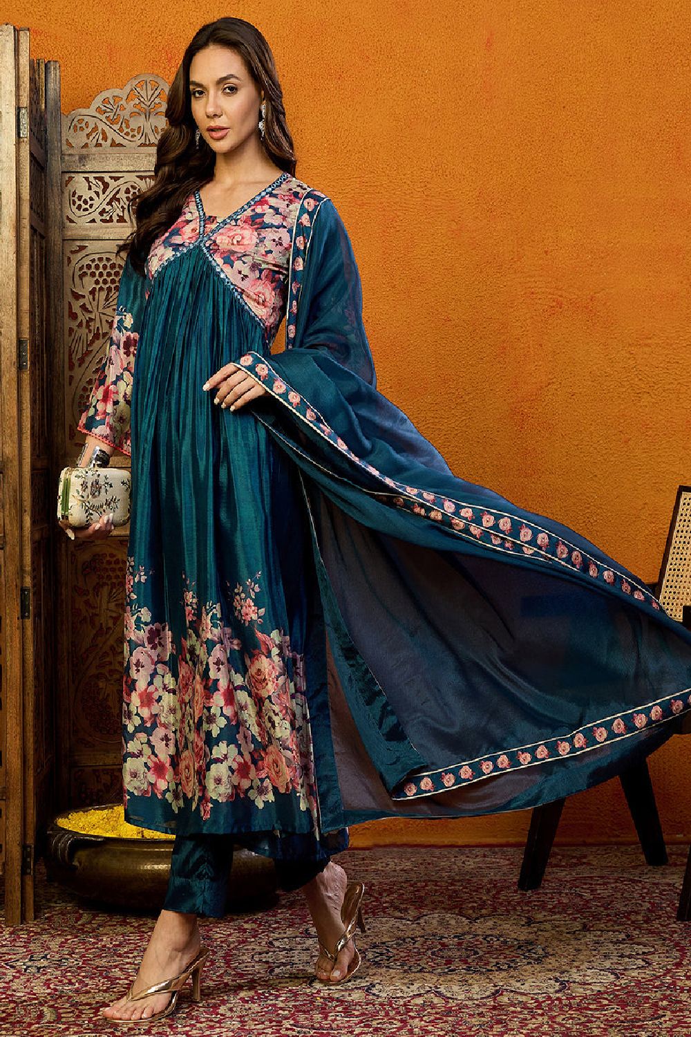 Blue Silk Blend Floral Printed A Line Suit Set