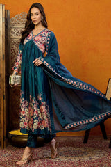 Blue Silk Blend Floral Printed A Line Suit Set